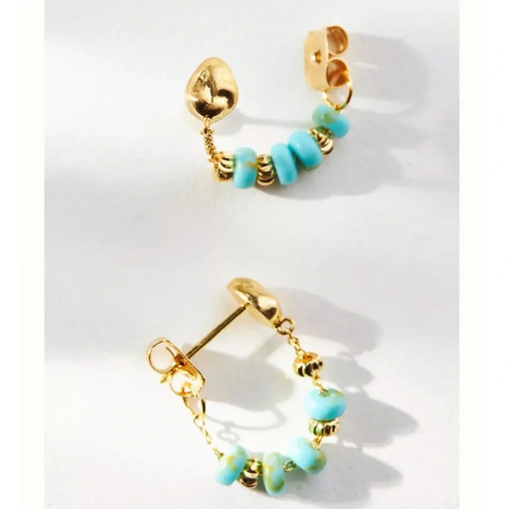 🆕 Anthropologie Beaded Turquoise & Gold Front-Back Earrings - Picture 1 of 7